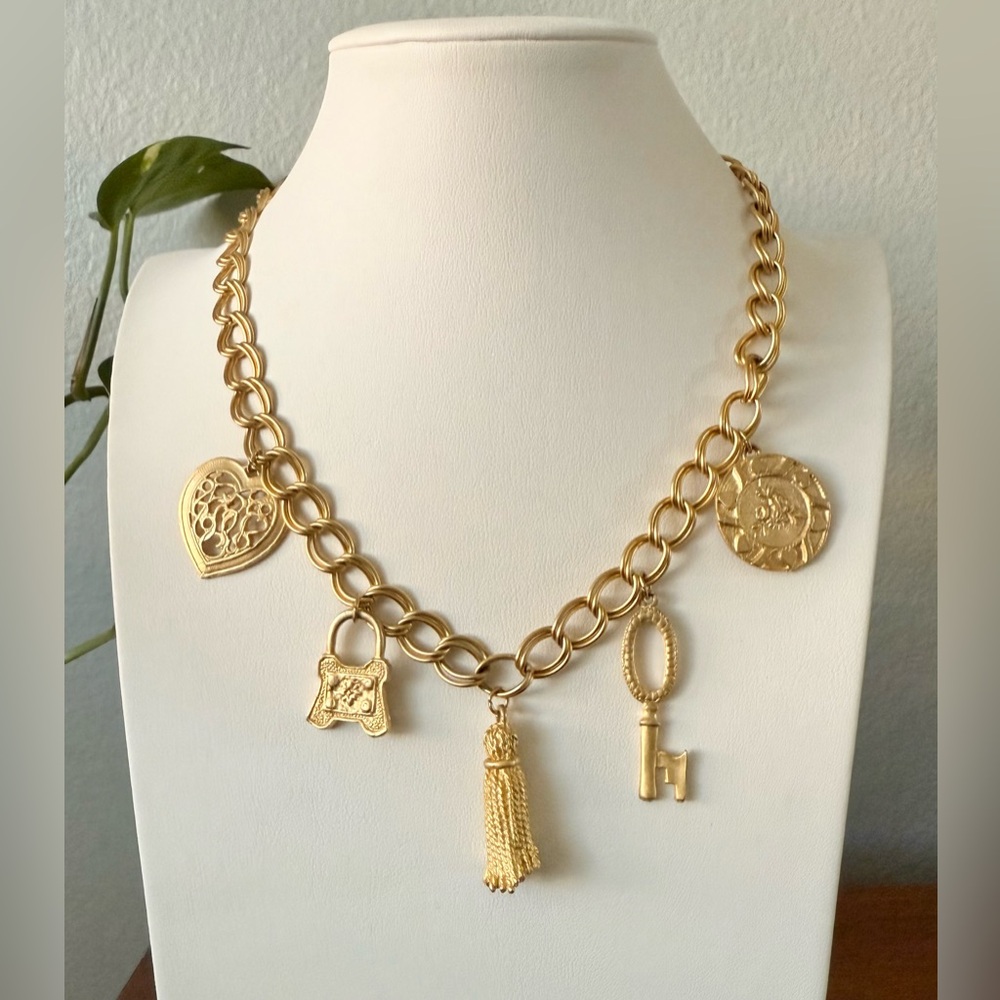 Vintage Matte Gold Charm Necklace Brushed Goldtone Tassel Heart Key Lock Coin